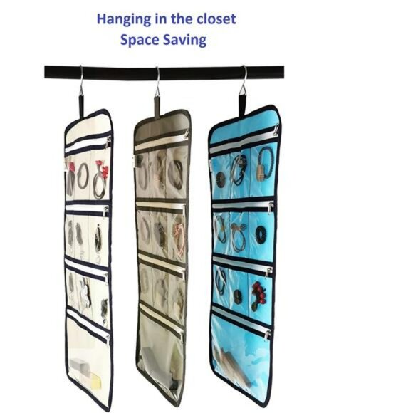 Hanging Jewelry Organizer Travel Storage Bag with 10 Clear Zipper Pockets Closet - Picture 3 of 7